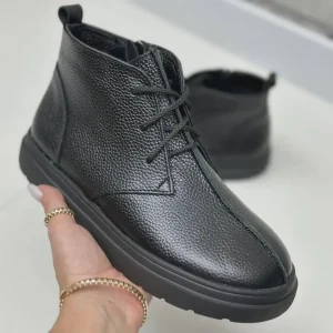 Black Leather Women Ankle Boots Handmade Fall Winter