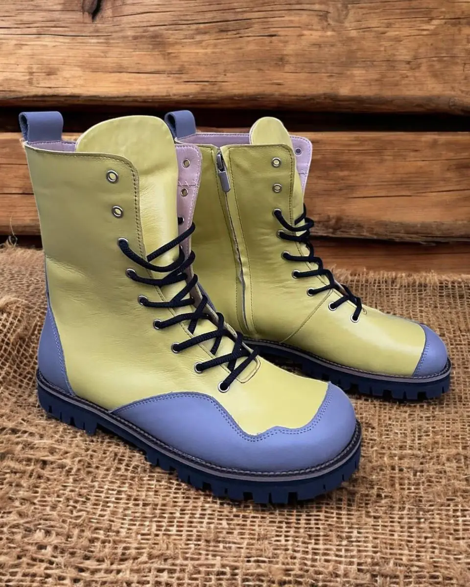 Pastel Leather Combat Boots Women Handmade Two Tone