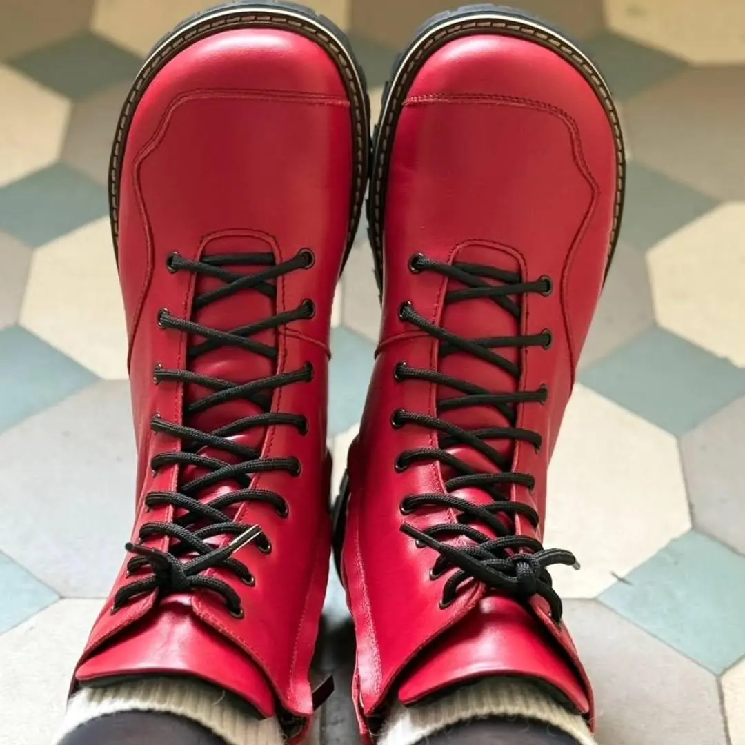 Handmade Red Leather Boots Women Anatomical Lace Up
